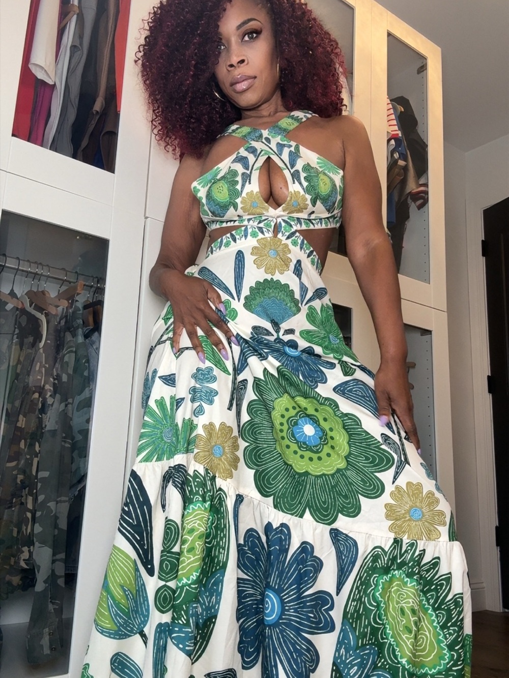 SHEIN Green & Blue Floral Cutout Maxi Dress